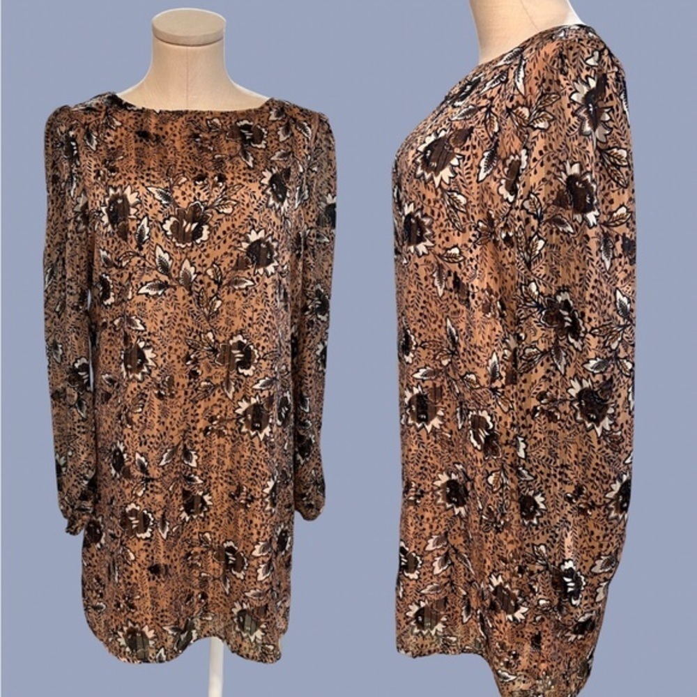 Lulu’s Peach and Brown Botanical Shift with Gold Thread Long Sleeve Dress